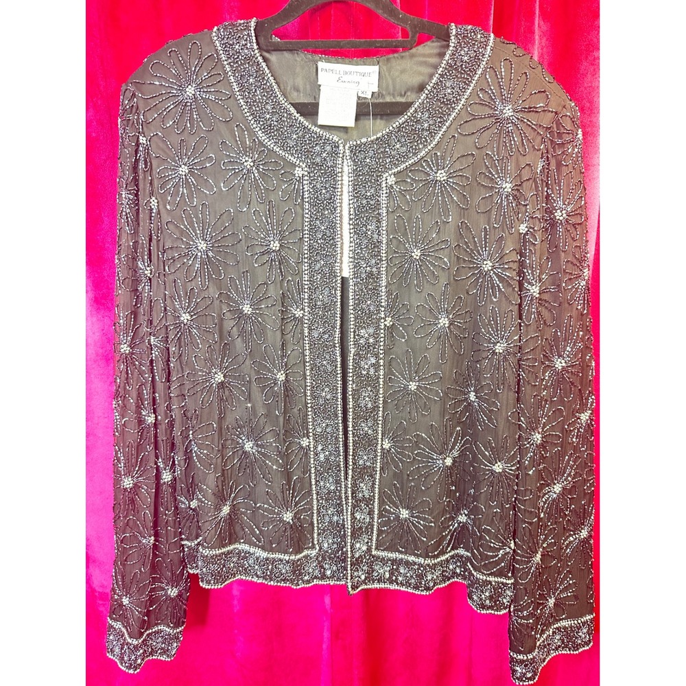 Papell Boutique Evening Jacket Womens XL Black Excellent Silk Beaded Floral